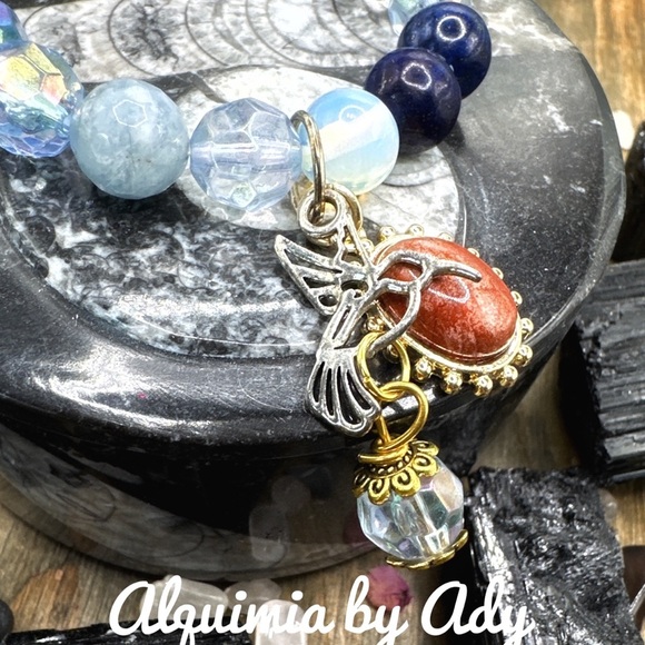 Chunky aquamarine clear quartz lapis Lazuli beaded bracelet/ multi charms - Picture 2 of 7